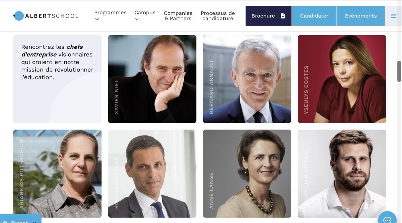 Página web de Albert School con los empresarios que la apoyan, como Xavier Niel y Bernard Arnault